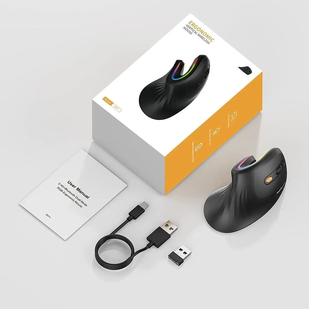 Black vertical Bluetooth mouse with RGB lighting showing ergonomic hand position