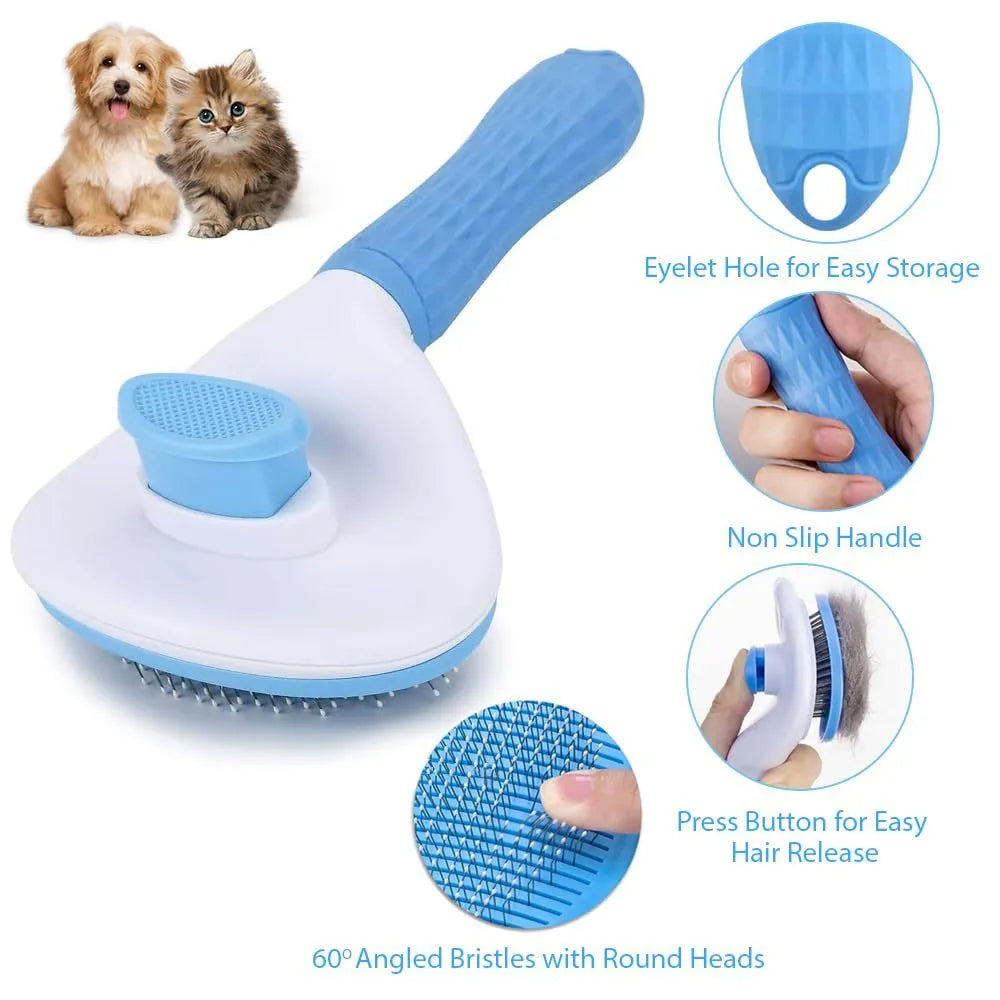 Blue, grey, or pink cat brush with a release button and fine wire bristles for pet grooming.