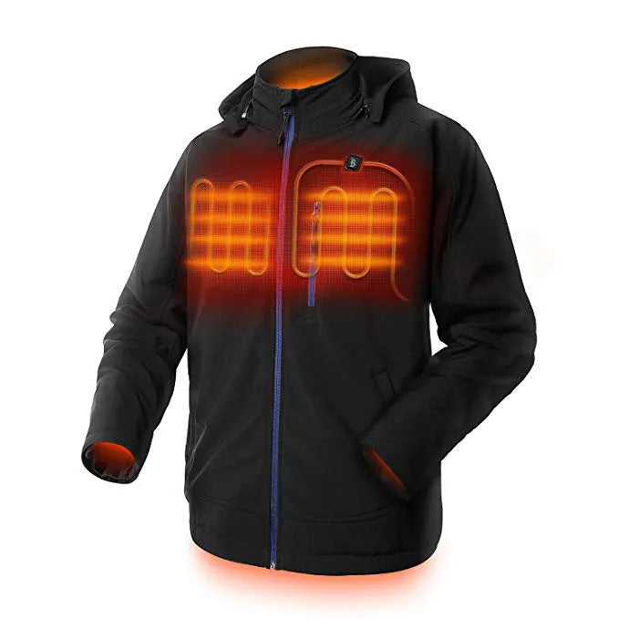 Black USB heated winter coat for men with waterproof windproof polyester construction and electric heating pockets