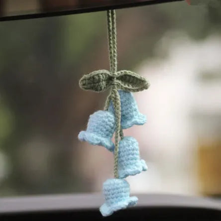 Green and white knitted wool car plant decoration with 8cm base and 25cm hanging rope