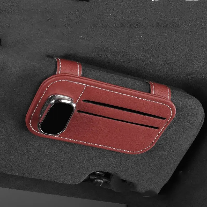 Cowhide leather automotive sun louver card holder with sunglasses clip in multiple colour options
