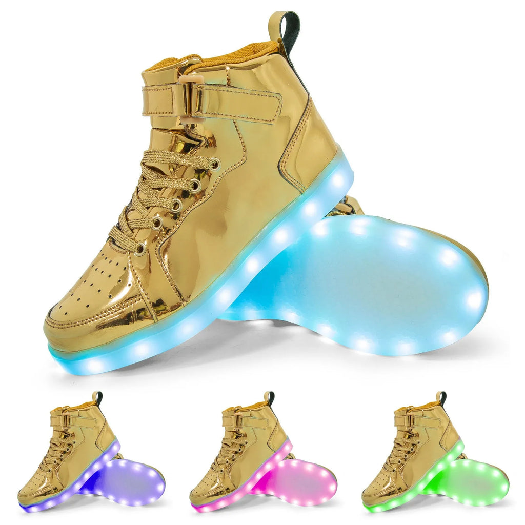 LED light-up high-top board shoes with velcro fastening in black, white, gold, silver, and pink colours