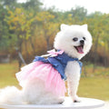 Korean design pet denim skirt with creative bow detailing in pink or white yarn for small to medium dogs