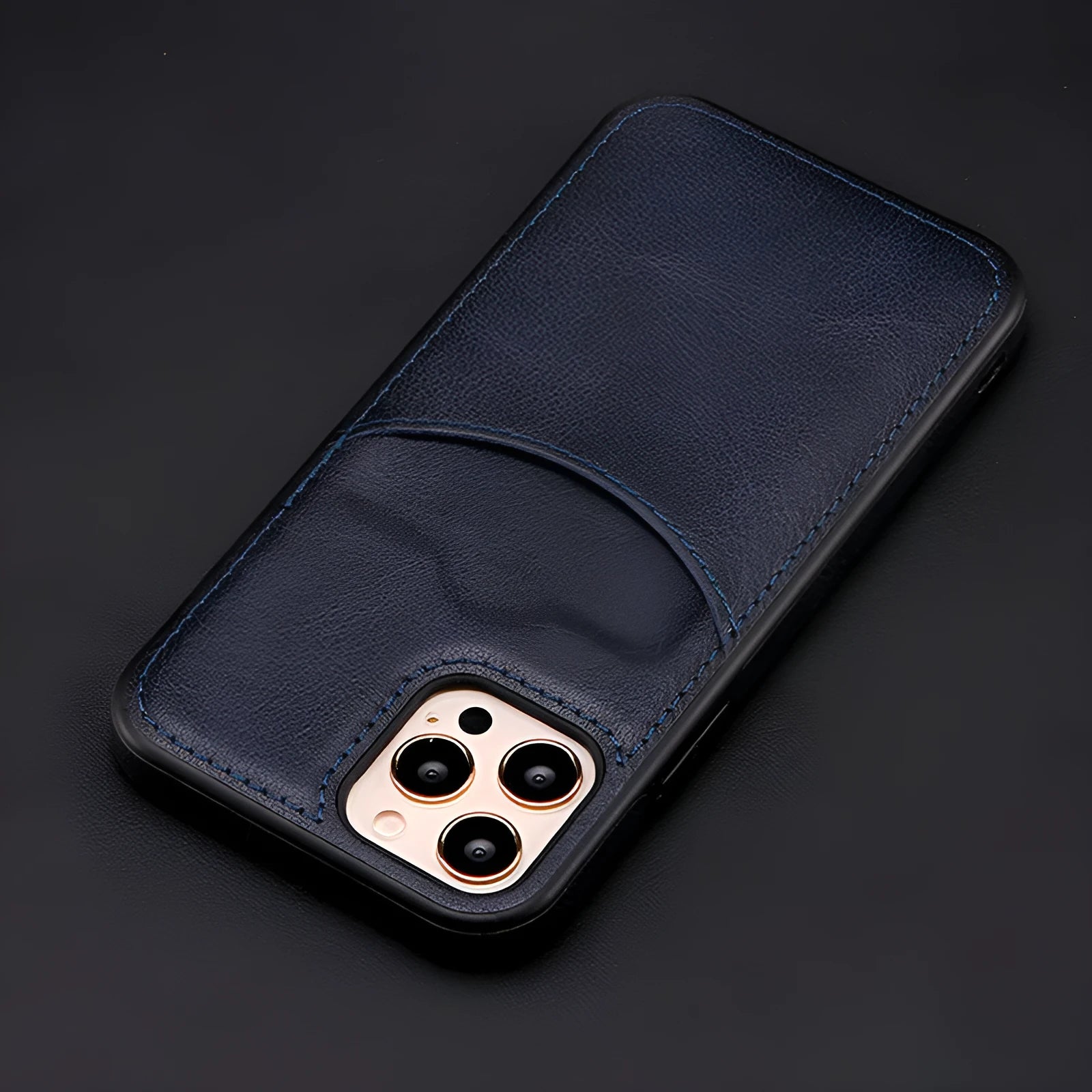 Dark blue PU leather protective case for iPhone models on a phone