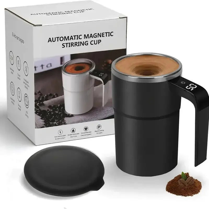 White electric coffee mug with LCD display showing temperature and magnetic stirring base