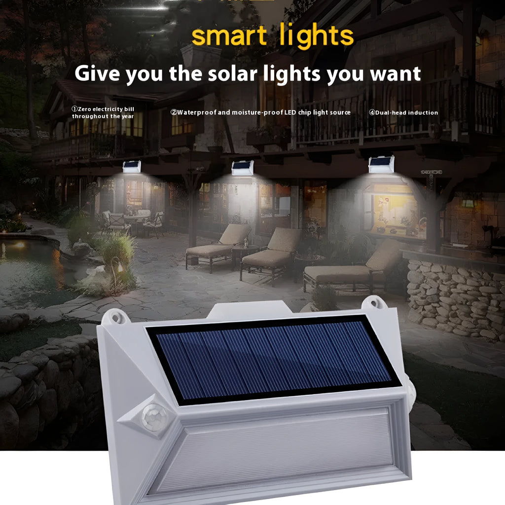 Solar-powered outdoor step light with motion sensor in abstract design on a brick step.