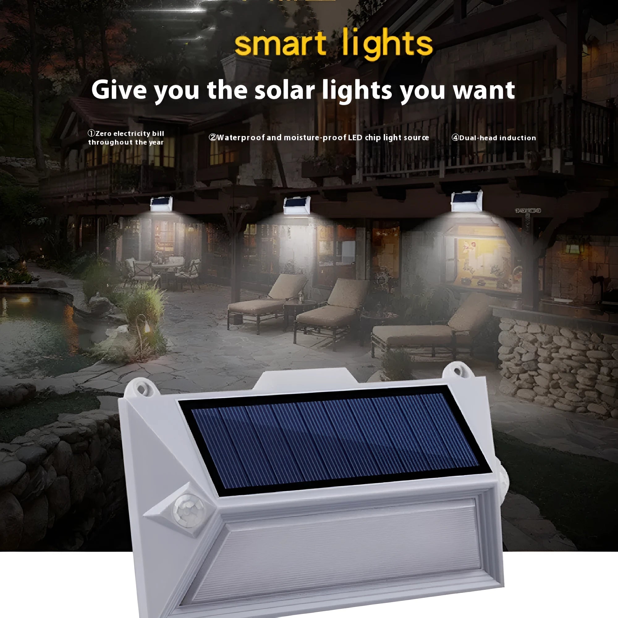 Solar-powered outdoor step light with motion sensor in abstract design on a brick step.