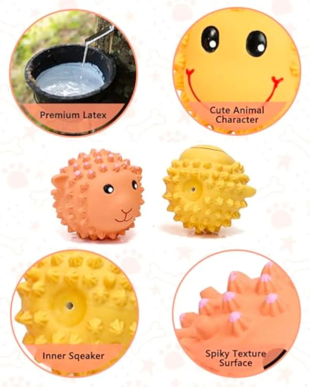Orange and yellow spiky latex dog toys with a squeaker, shown next to a measuring tape indicating 3 inch diameter.