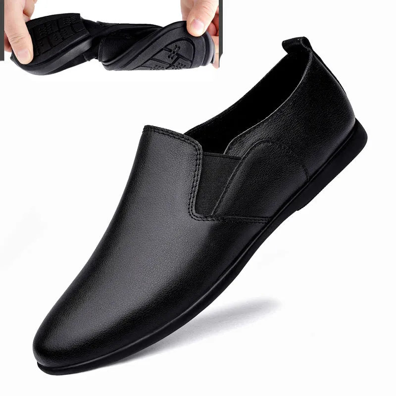 Men's black and brown leather shoes with round toe design for business casual wear.