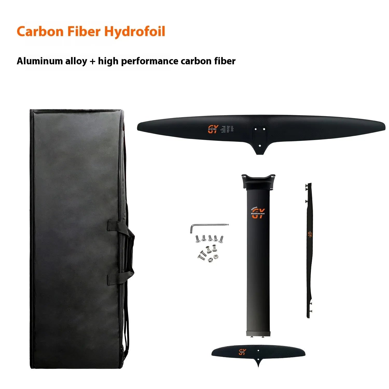 Black carbon fibre and aluminium alloy racing surf hydrofoil with a large 1051mm front wing.