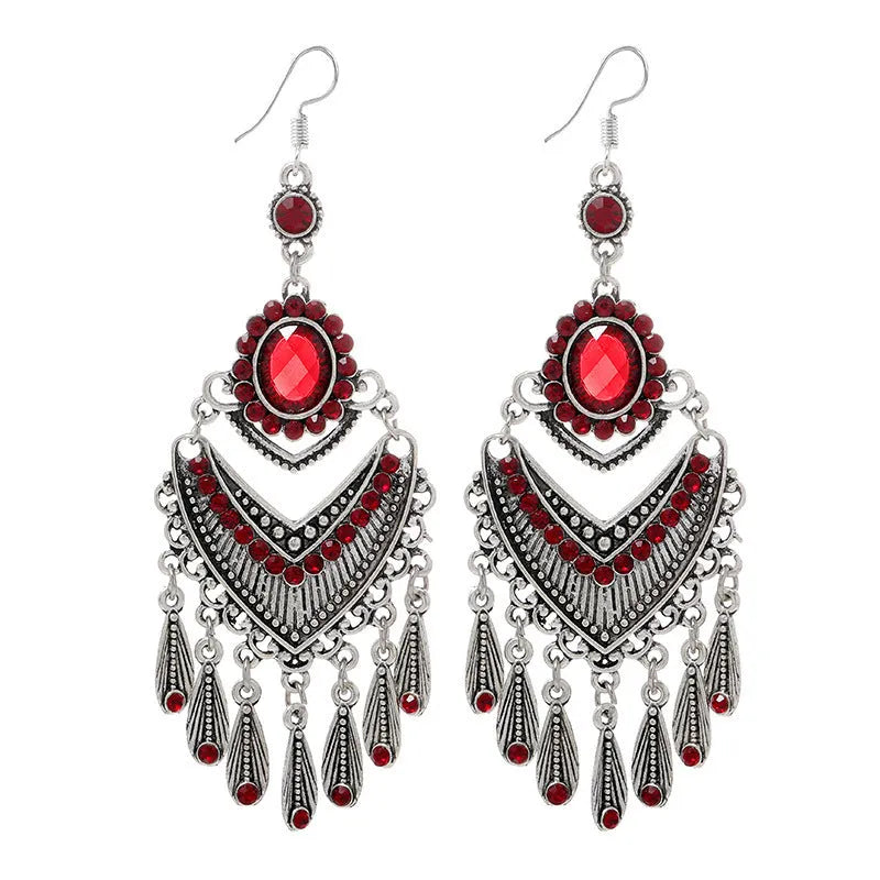 Smart water drop purple retro fringe earrings with crystal detail and ethnic styling
