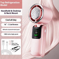 USB handheld electric fan in folded position showing adjustable speed controls and hanging loop