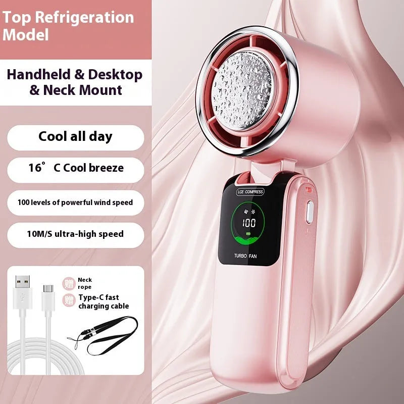 USB handheld electric fan in folded position showing adjustable speed controls and hanging loop