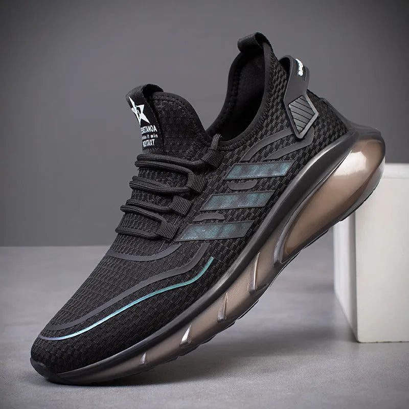 Men's breathable fly woven shock absorption sports casual shoes in openwork black, low heel