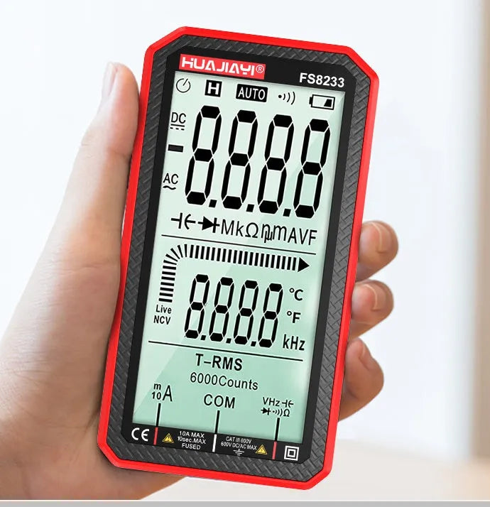 Black and red handheld digital multimeter with large screen display for electrical testing