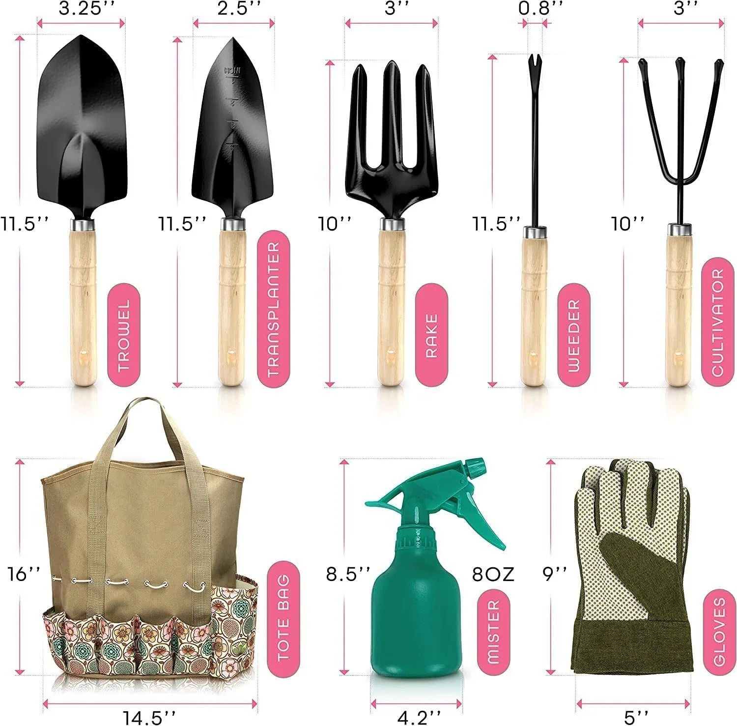 Eight-piece stainless steel gardening tool set with trowel, fork, cultivator and weeder.