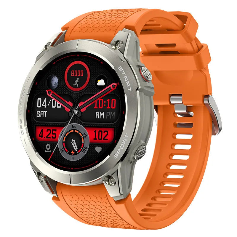 S53 Outdoor GPS Sports Smart Watch in Black or Orange with zinc alloy frame and silicone strap.