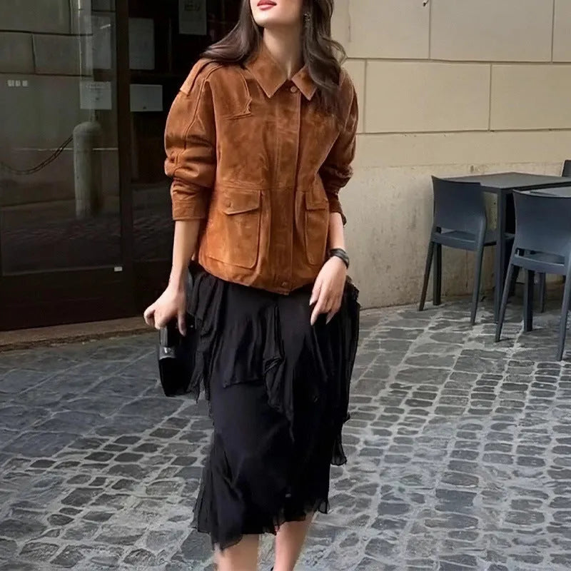 Women's bright brown suede street chic coat with button front and regular sleeves.