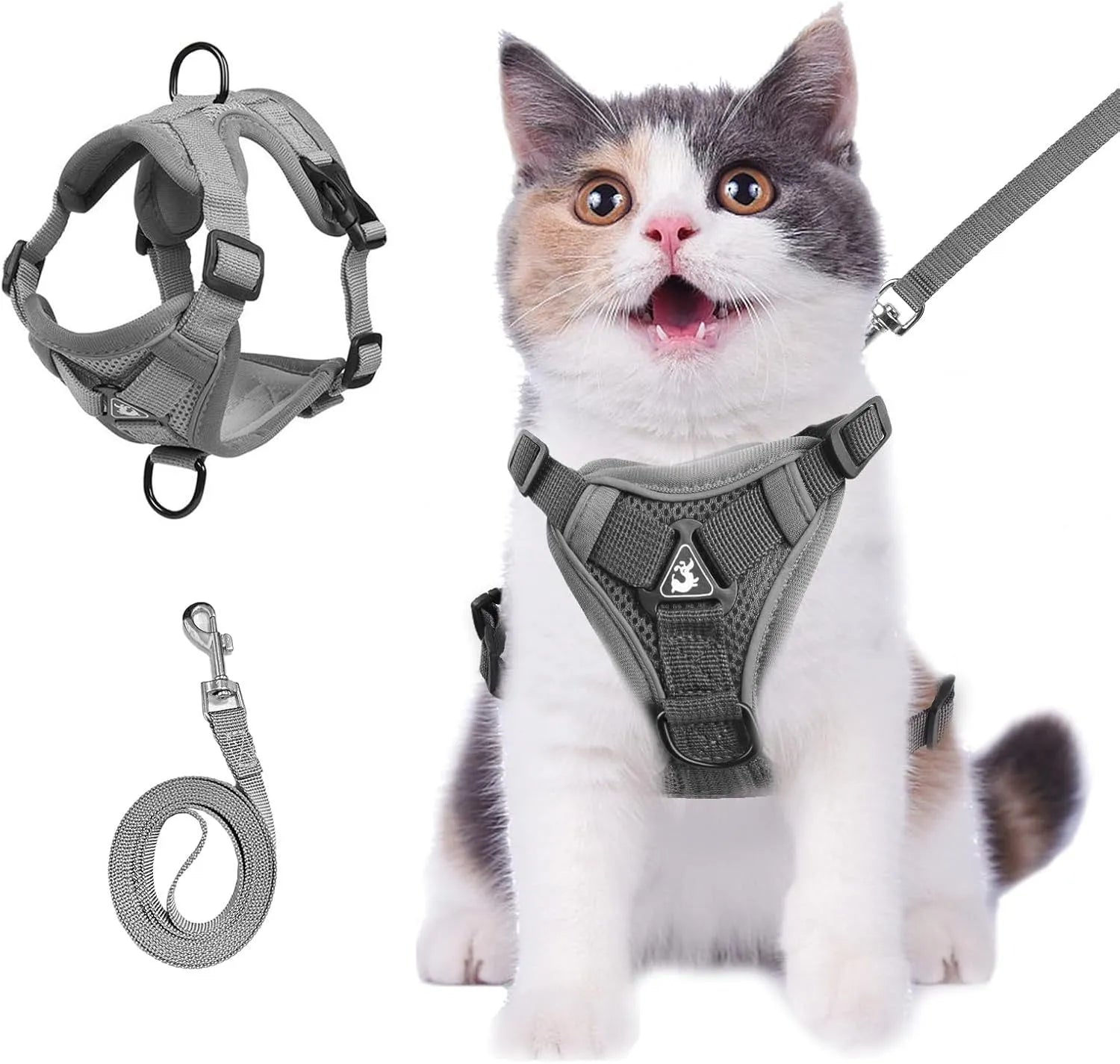 A blue mesh cat harness with adjustable straps and a leash, shown on a white background.