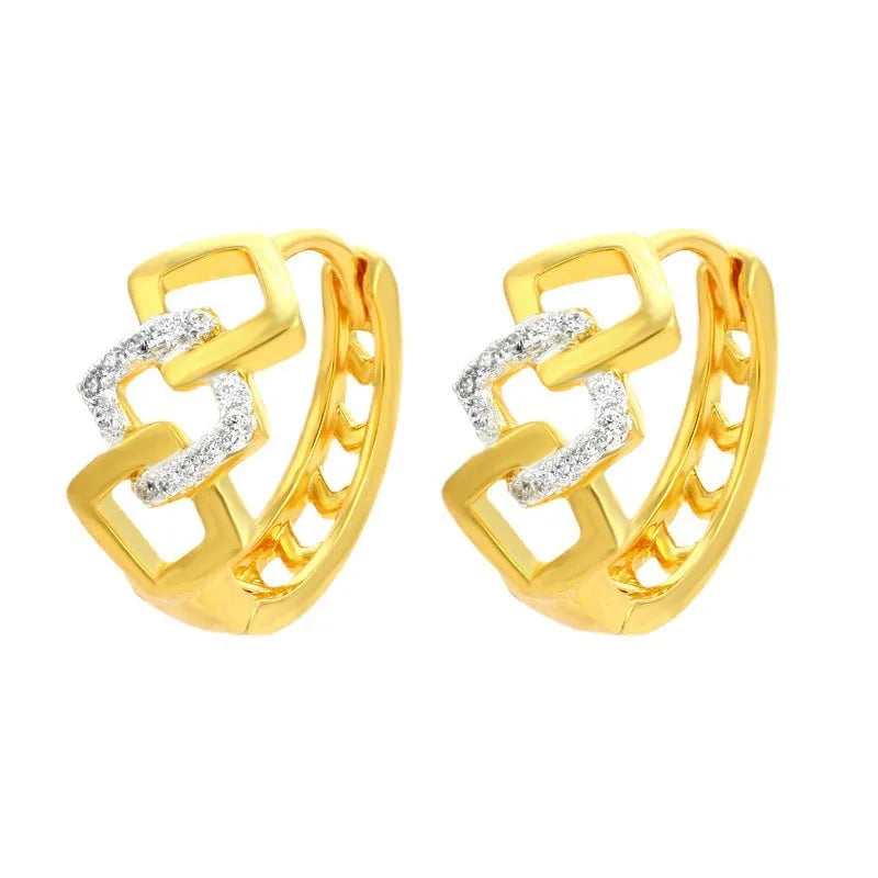 Gold geometric hollow out alloy earrings with ear clip fastening shown from front angle