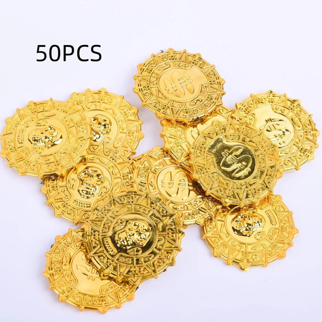 Plastic pirate gold coin toy with pointed tip design measuring 3.6cm diameter