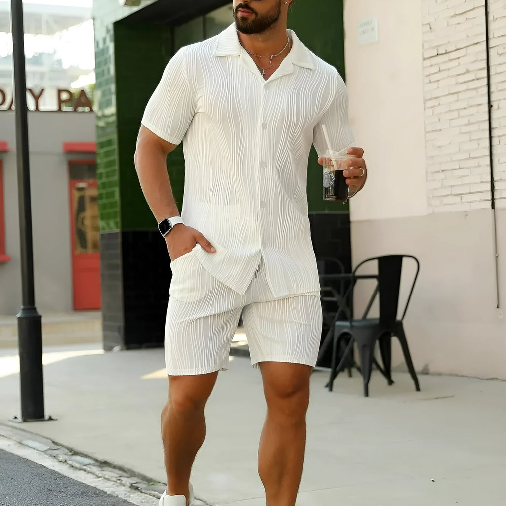 Men's black short sleeve shirt and shorts suit with wave pattern design for summer casual wear