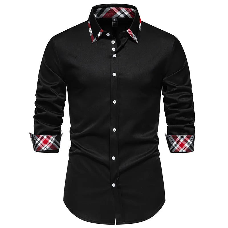 Men's plaid contrast colour triangle collar long sleeve casual shirt