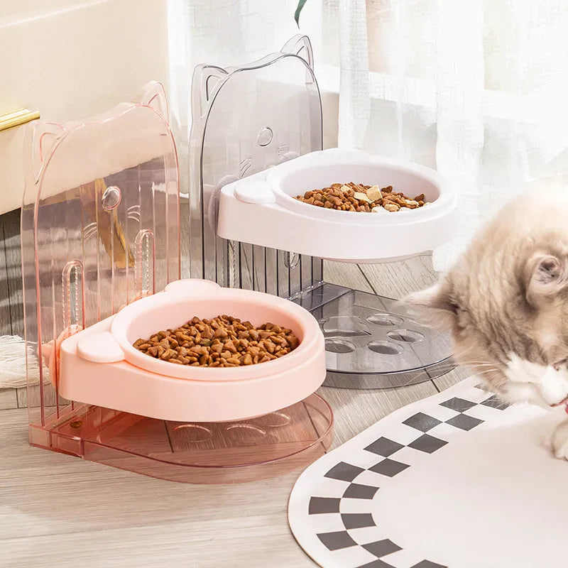 Grey cat bowl with anti-spill cat ear edges and removable hanging cage attachment for pet enclosures
