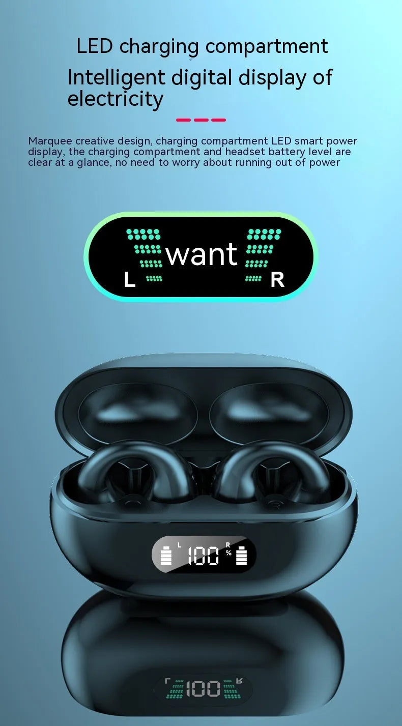 Non-in-ear clip wireless Bluetooth headset with air conduction in black plastic, ear hook style