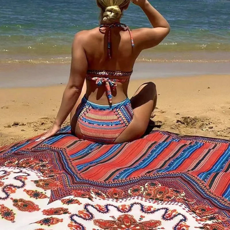 Women's three-piece split swimsuit set featuring a cutout blouse, high-waisted brief, and jacket.