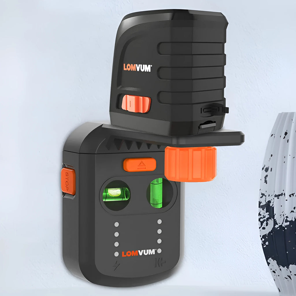 Red electric hammer dust collection cover with integrated laser level and suction bracket.