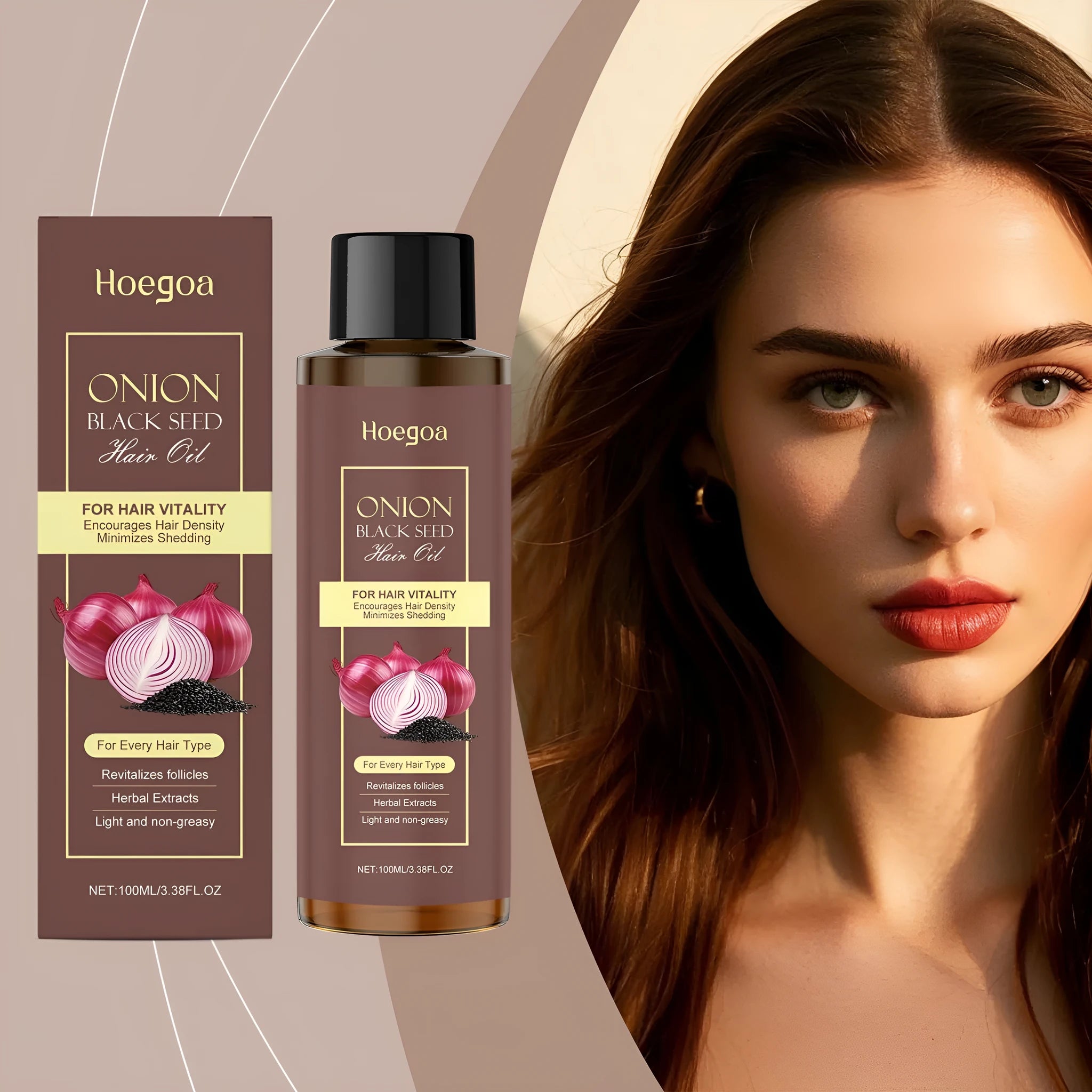 100ml bottle of nourishing hair care essential oil with accessories in its box.