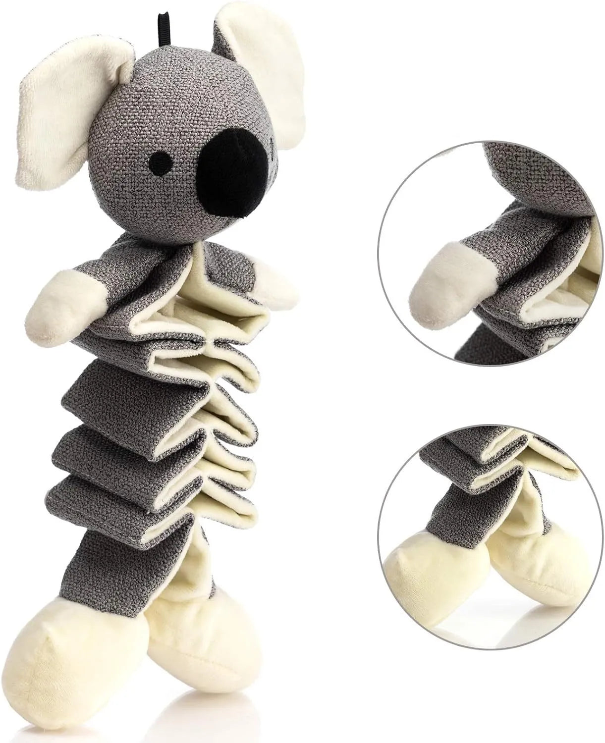 Grey koala dog toy measuring 30cm with crinkle paper inside and rope through body