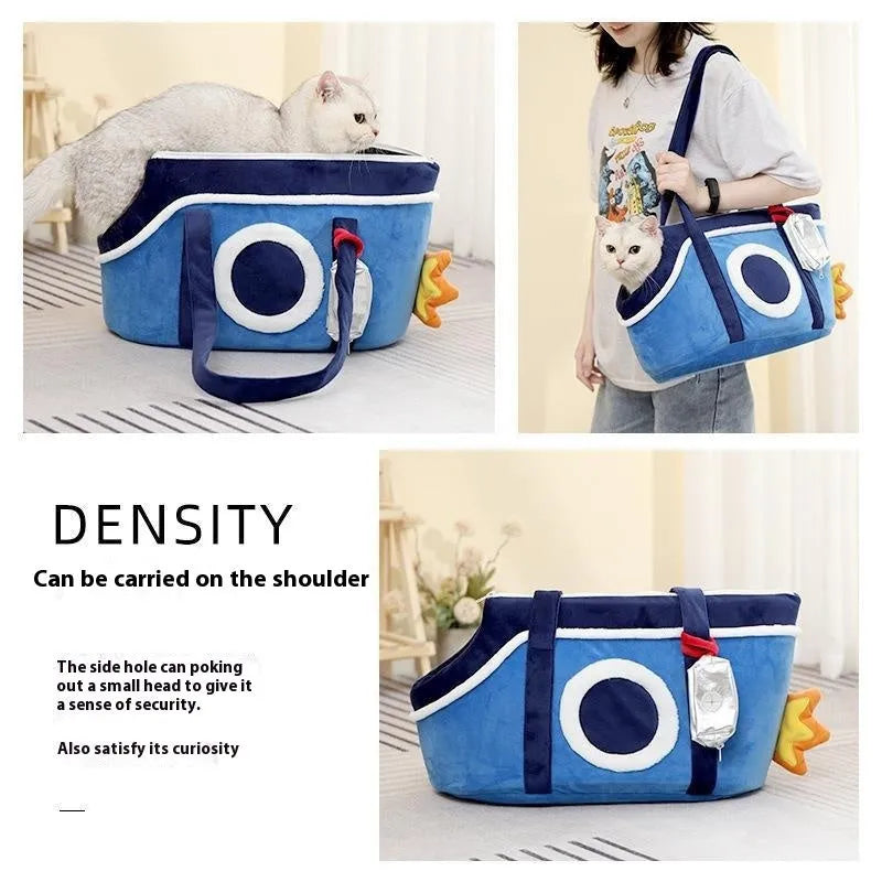 Shoulder cat bag in short plush fabric with cartoon pattern and vertical stripe design