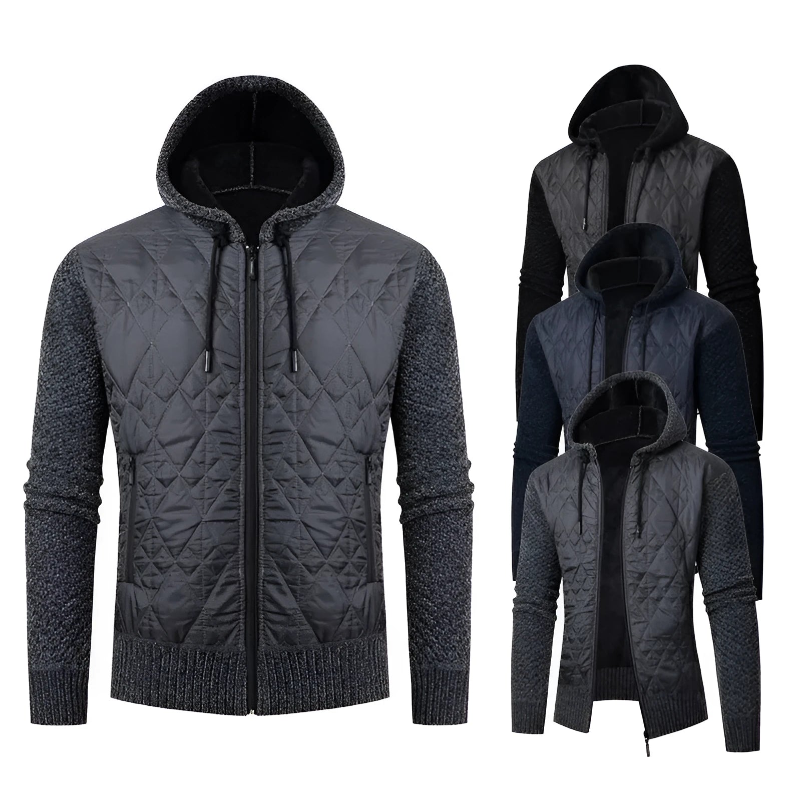 A grey men's hooded sweater coat with a cinched waist, made from wool corduroy for winter.