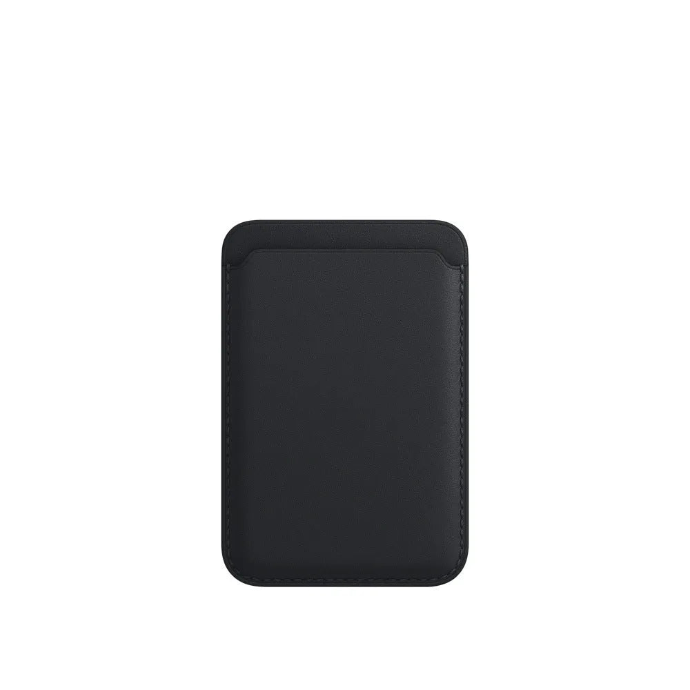 Black PU leather iPhone case with a built-in magnetic card holder on the back.