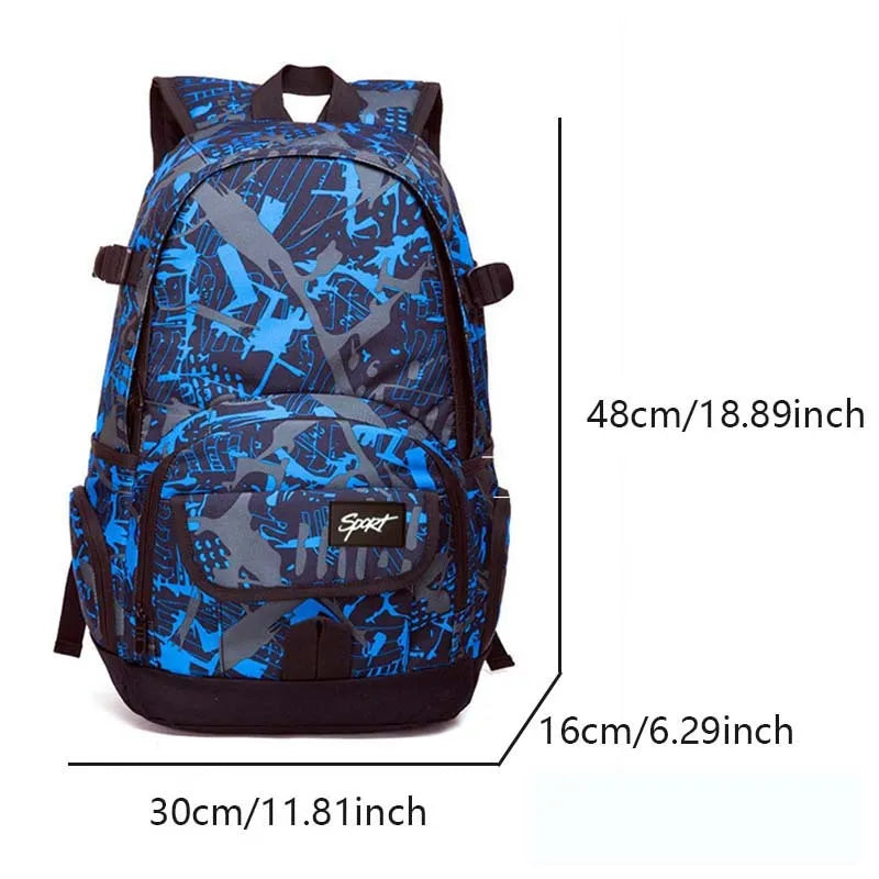 Blue large capacity nylon backpack with padded straps on a plain background