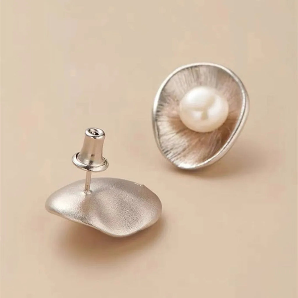 Gold geometric pearl earrings on sterling silver posts for women's jewellery