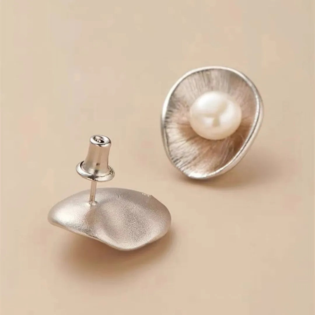 Gold geometric pearl earrings on sterling silver posts for women's jewellery