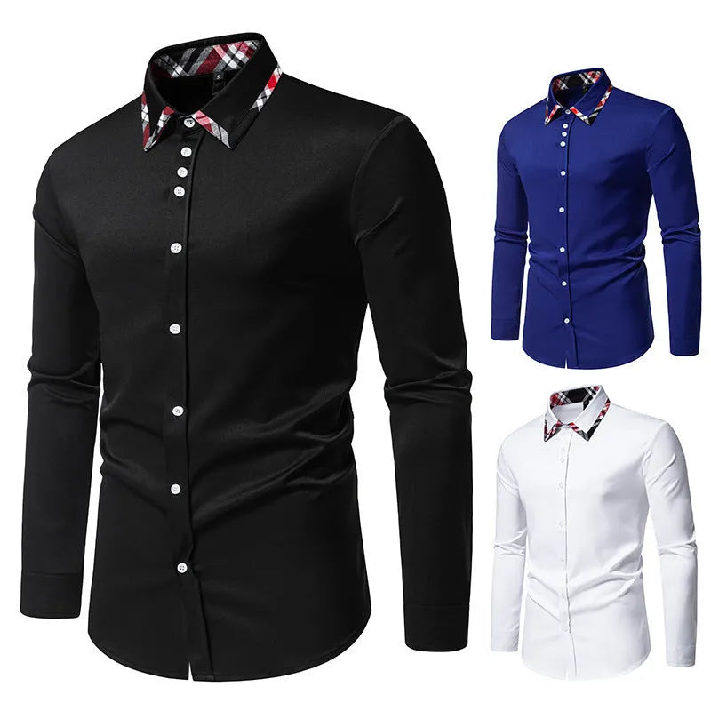 Men's plaid contrast colour triangle collar long sleeve casual shirt