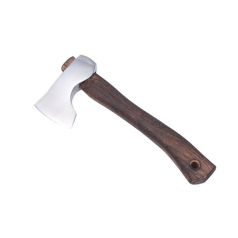 Camping axe with high carbon steel head and wooden handle showing 250mm length