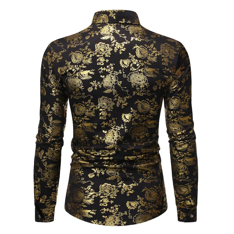 Man wearing a casual long-sleeve lapel shirt with a metallic bronzing print design.
