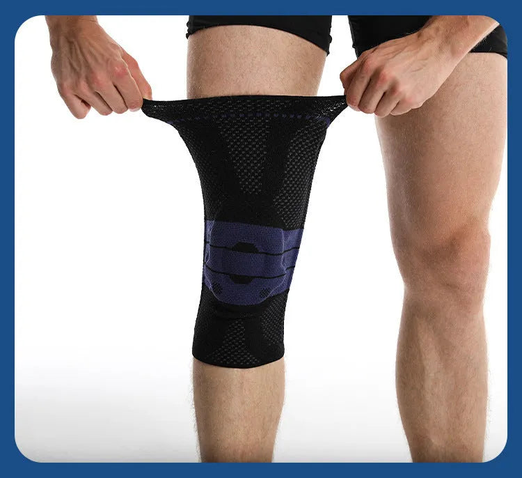 Adult sports knee pad in black and blue, made from nylon and spandex.