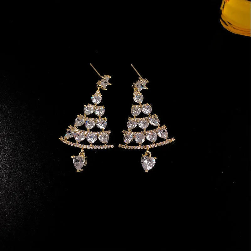 Women's silver needle Christmas tree earrings alloy electroplated geometric drop earrings with bell detail
