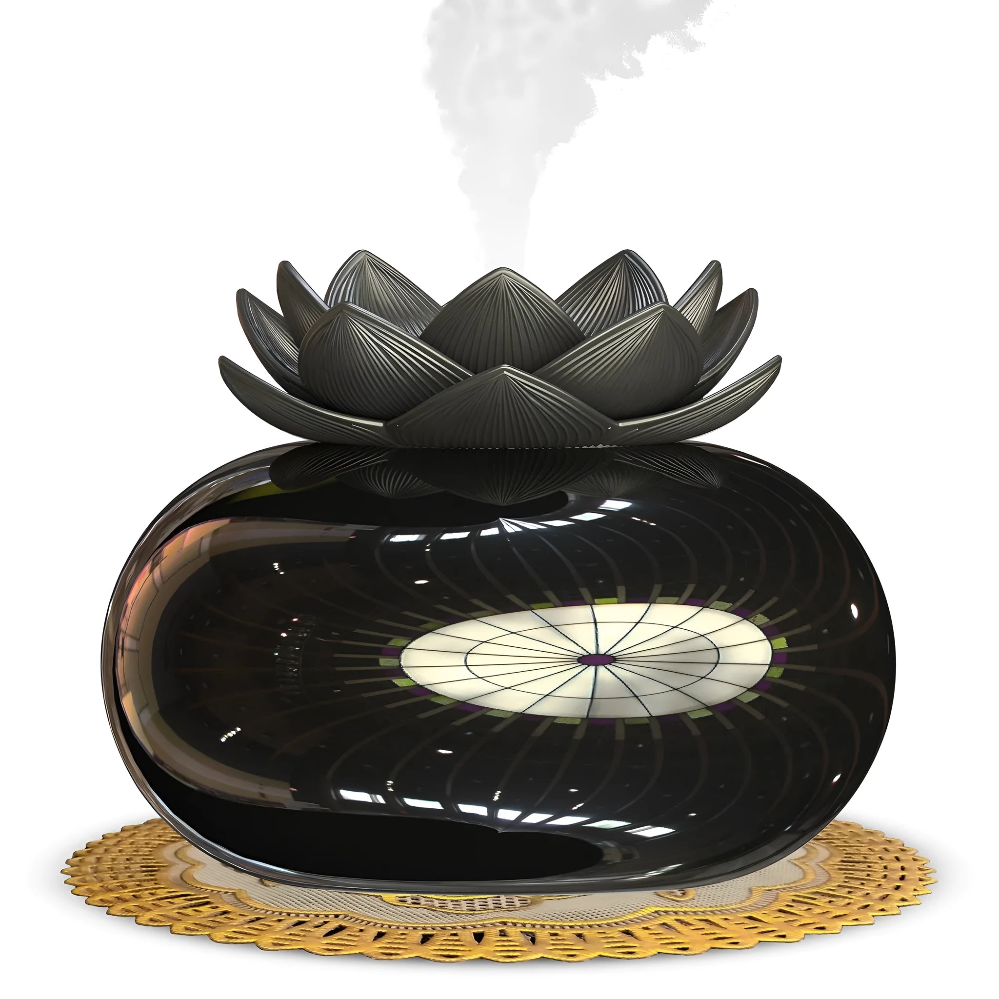 Pure black lotus-shaped USB aromatherapy humidifier on a desk.