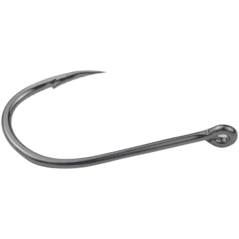 Bulk pack of alloy carbon steel barbed fishing hooks in various sizes for sea and rock fishing.