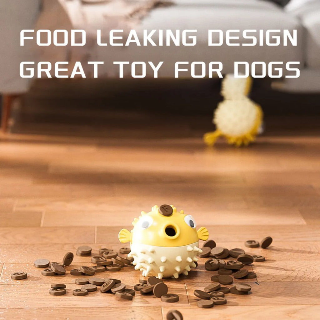 Yellow fish-shaped vinyl dog chew toy with textured surface for aggressive chewers