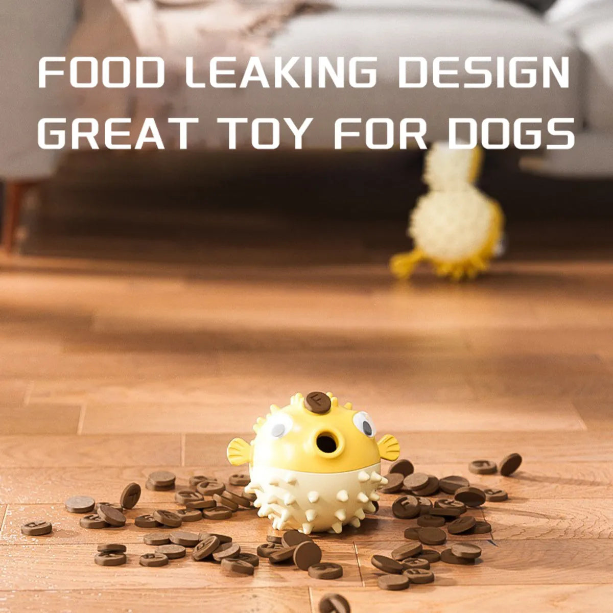 Yellow fish-shaped vinyl dog chew toy with textured surface for aggressive chewers