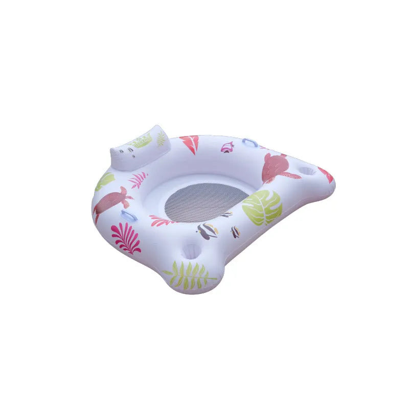 White luminous U-shaped inflatable float seat glowing in a swimming pool at night.
