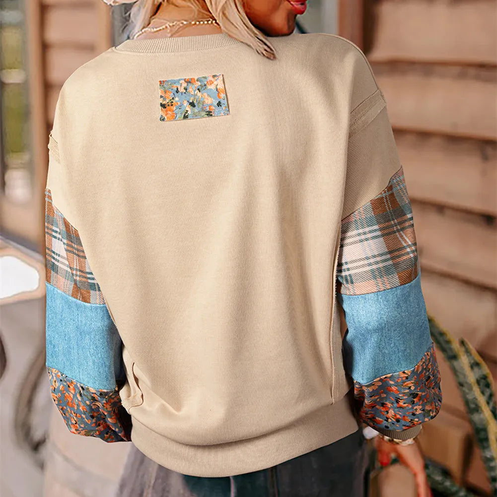Women's plaid stitching long-sleeved loose top in apricot or red colours